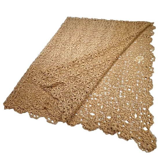 Vintage Handmade Intricate Lace Crocheted Tablecloth 60”x72” Tan Scalloped - Picture 2 of 11